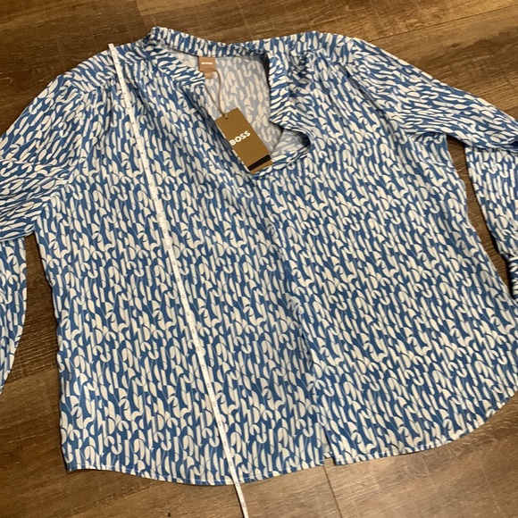 NWT!! HUGO BOSS Regular-Fit Blue + Cream Print Silk Crepe du Chine: SZ 14 - $348 - Picture 15 of 16